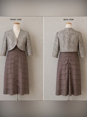 Alex Evenings 2pc Tiered Sheath Dress & Metallic Jacquard Jacket Set Size 10